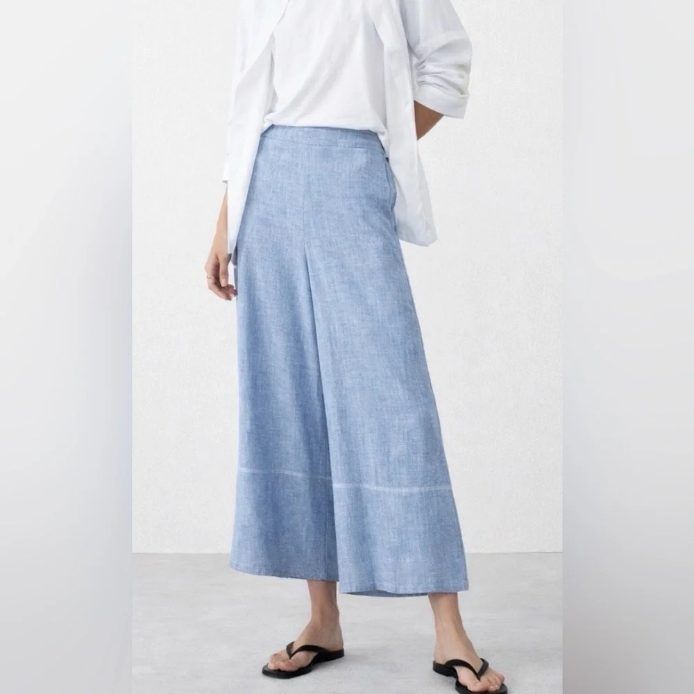 Banana Republic Blue High Rise Wide Leg Linen Blend Pull On Stretch Waist Pants